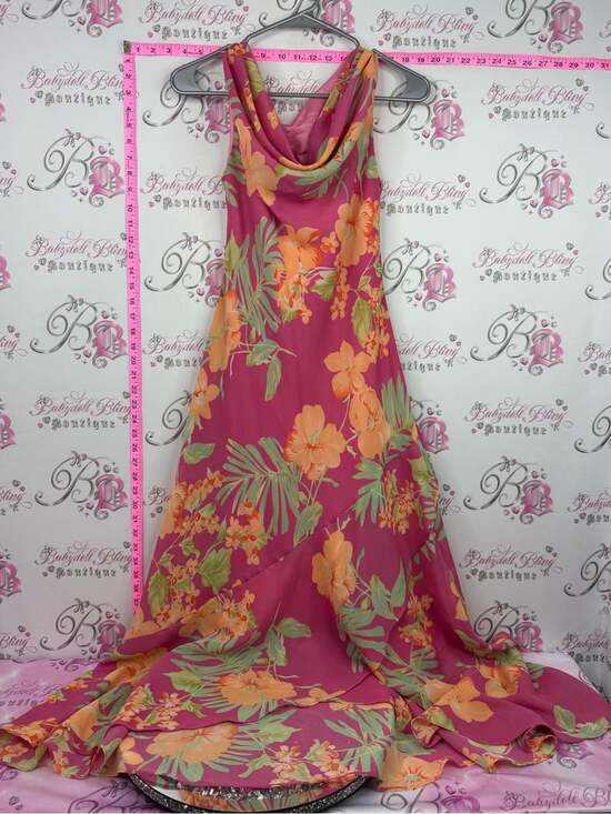 Dresses & Skirts - Dress Y2K long maxi flower Floral Cowl Neck Maxi Dress - Pink with Orange Floral